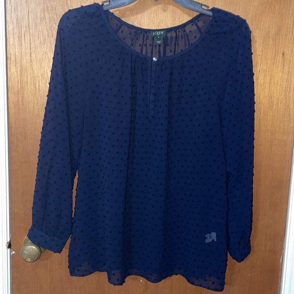 •J CREW•NWOT NAVY SWISS DOT TEXTURE SHEER KEYHOLE BUTTON CHEST BLOUSE SIZE SMALL - Picture 9 of 10